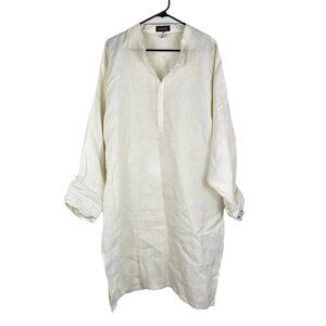 Eskandar Linen Long Sleeve Mandarin Collar Slit Long Dress Cream 2 (US 14-16)